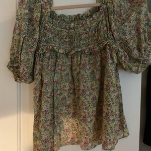 Elie Tahari Green and Pink Floral Blouse